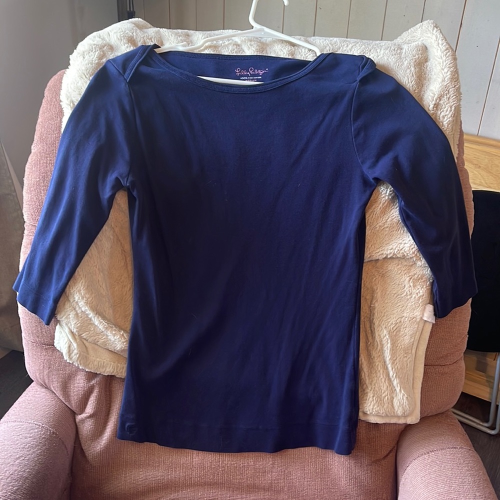 Navy blue 3/4 length medium boatneck top by Lilly Pulitzer.